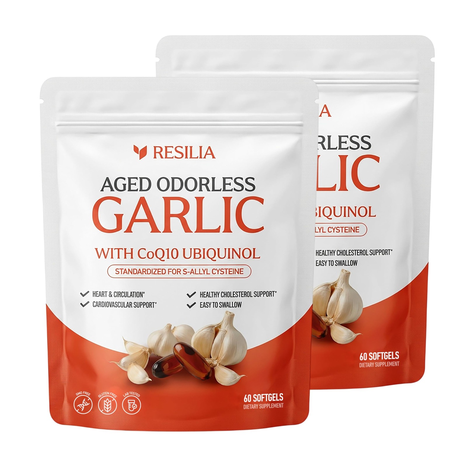 Resilia Odorless Aged Garlic Extract 1200 mg softgels with Pack of 2 (1200mg)