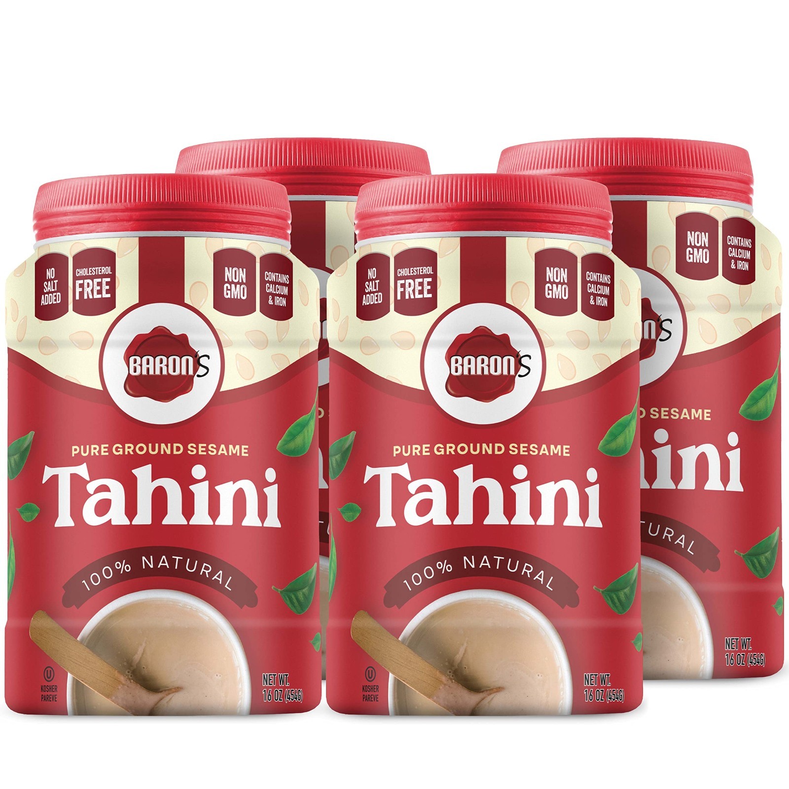 4 Pack 1 Pound Baron’s Kosher 100% Pure Ground Sesame Tahini 16-ounce Jars-NEW