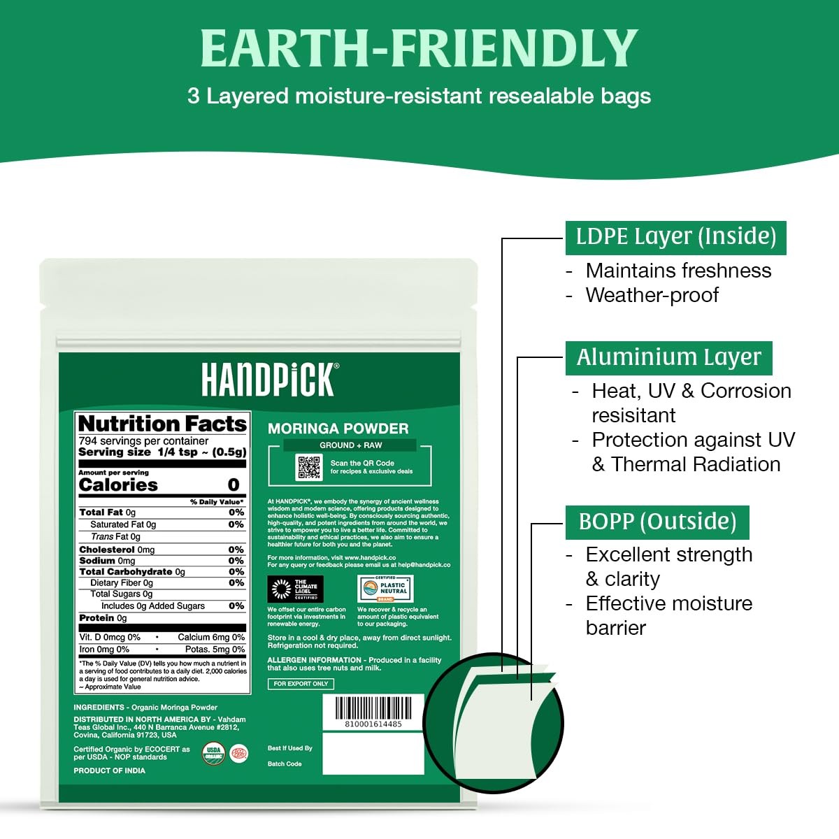 HANDPICK USDA Organic Moringa Powder (397g/14oz) Pure 14 Ounce (Pack of 1)