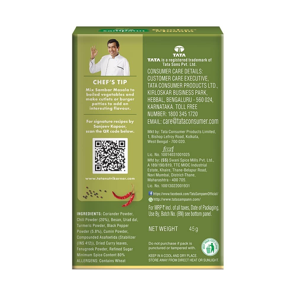 Tata Sampann Sambar Masala, Sambhar Masala with Natural Oils 45g, Free Ship
