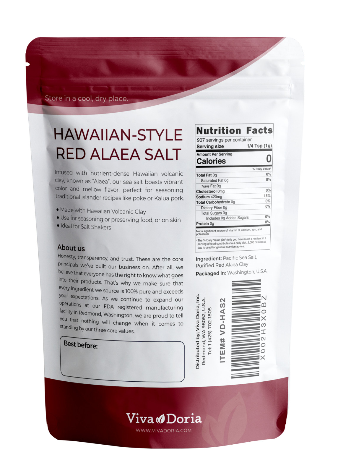 Viva Doria Hawaiian Red Alaea Pacific Sea Salt, Fine Grain, 2 lb