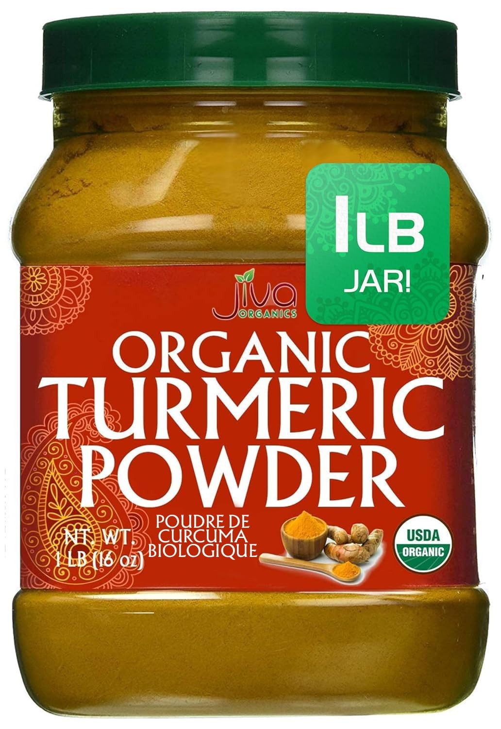 Organic Turmeric Powder 1 Pound Jar by Jiva Organics – 100% Raw with Curcumin