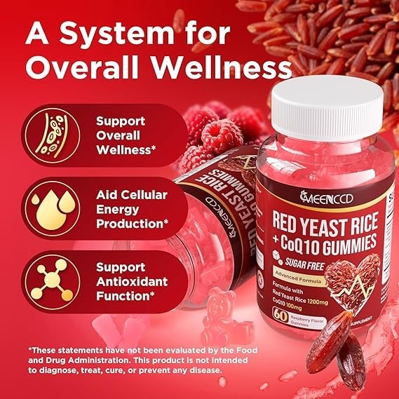 Red Yeast Rice with CoQ10 Gummies, Sugar Free, Vegan, Raspberry Flavor, 60 Count