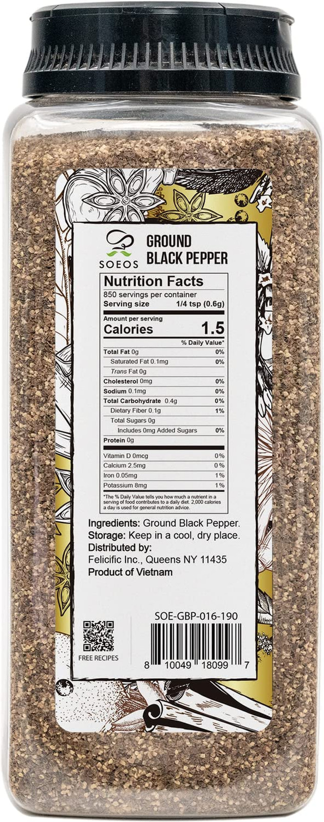 Soeos Table Ground Black Pepper, 18 Oz (510G) Non-Gmo, Freshly Peppercorn Powder