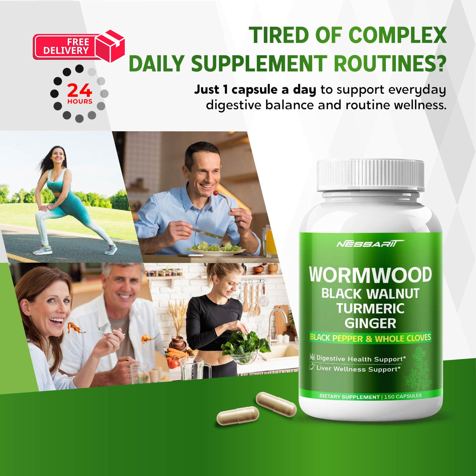 NESSARIT Wormwood Capsules with Black Walnut, Turmeric, 150 Count (Pack of 1)
