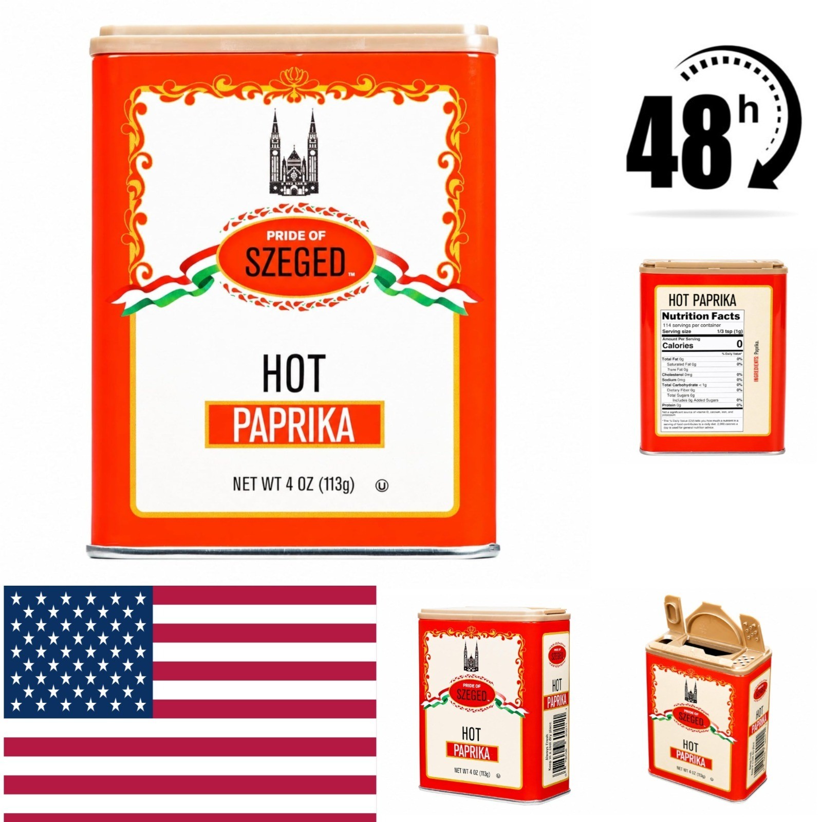 Pride Of Szeged Hot Paprika Powder, 4 oz Tin, Kosher Spices