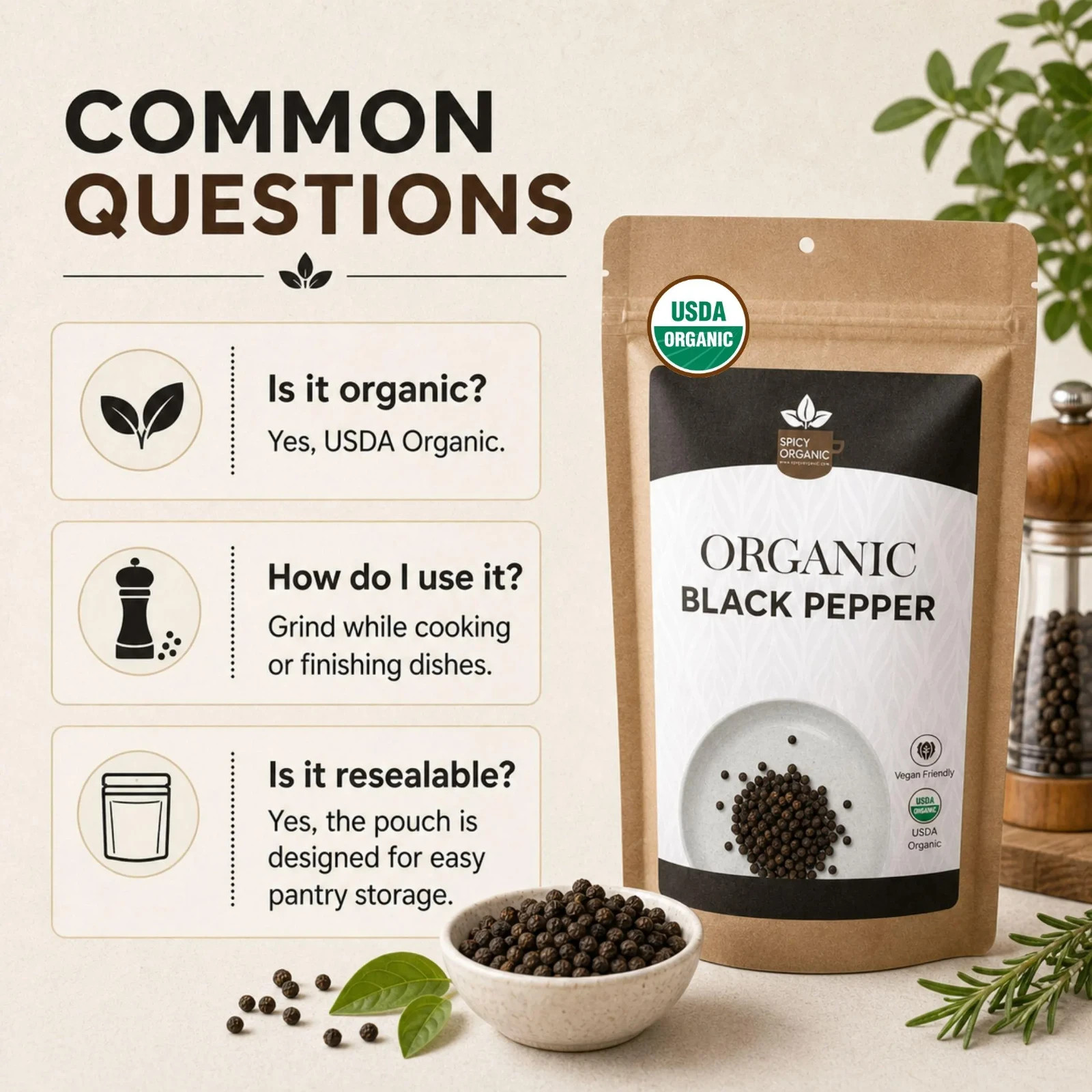 Organic Black Pepper (4 OZ) – Non-GMO Dried Whole Peppercorns for Grinder