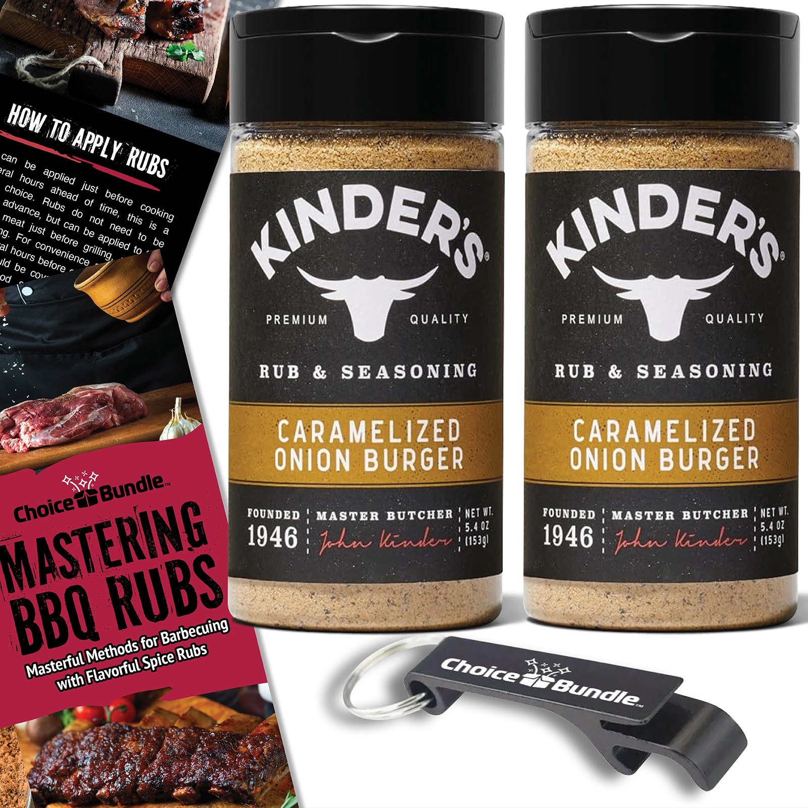 Kinder’s Caramelized Onion Burger BBQ Seasoning Rub 5.4 oz 2 PK + Guide & Opener