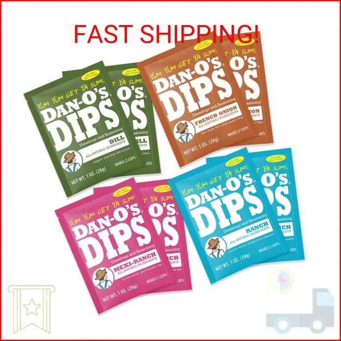 Dan-O’s Dips Variety Pack (8 Pack) – Ranch, Mexi-Ranch, French Onion & Dill Dip