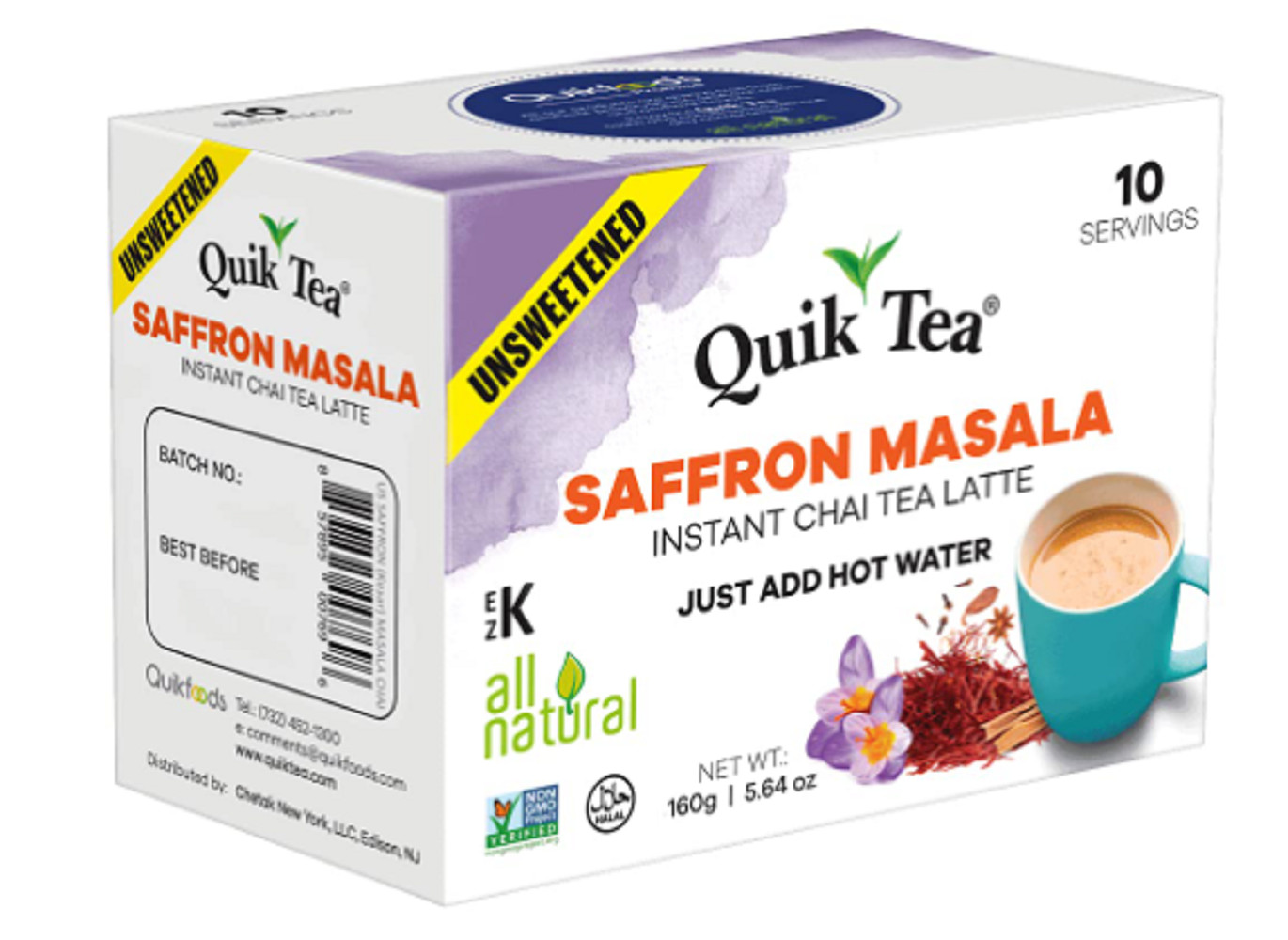 Quik Tea Unsweetened Saffron Masala Instant Chai Tea Latte – 10 Count Single Box
