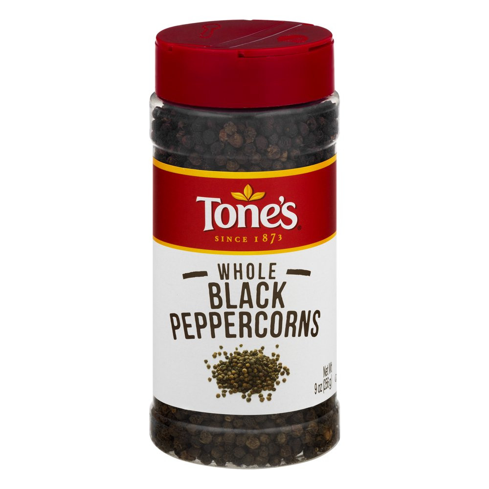 Tone’S Black Peppercorns Whole, Savory taste, Earthy flavor & Sharp Aroma ,9 Oz
