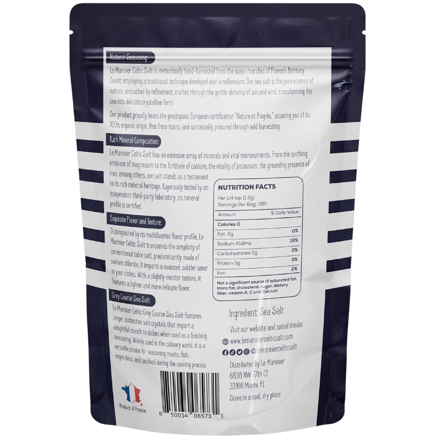 Le Marinier Organic Grey Coarse Sea Salt, 1.1lb – Mineral Rich, Unrefined