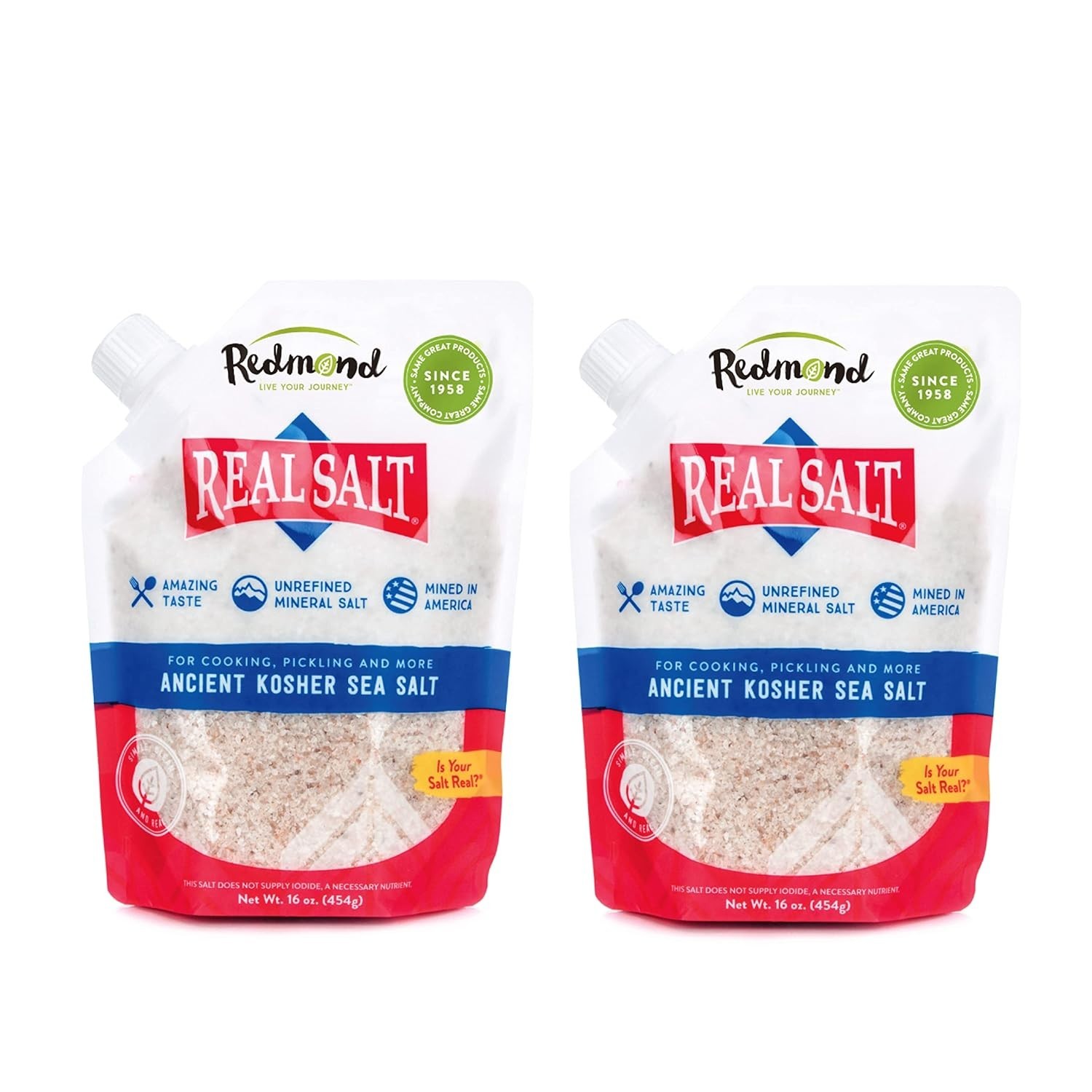REDMOND Real Sea Salt Natural Unrefined Gluten Free Fine, 16 Ounce Pouch 2 Pack