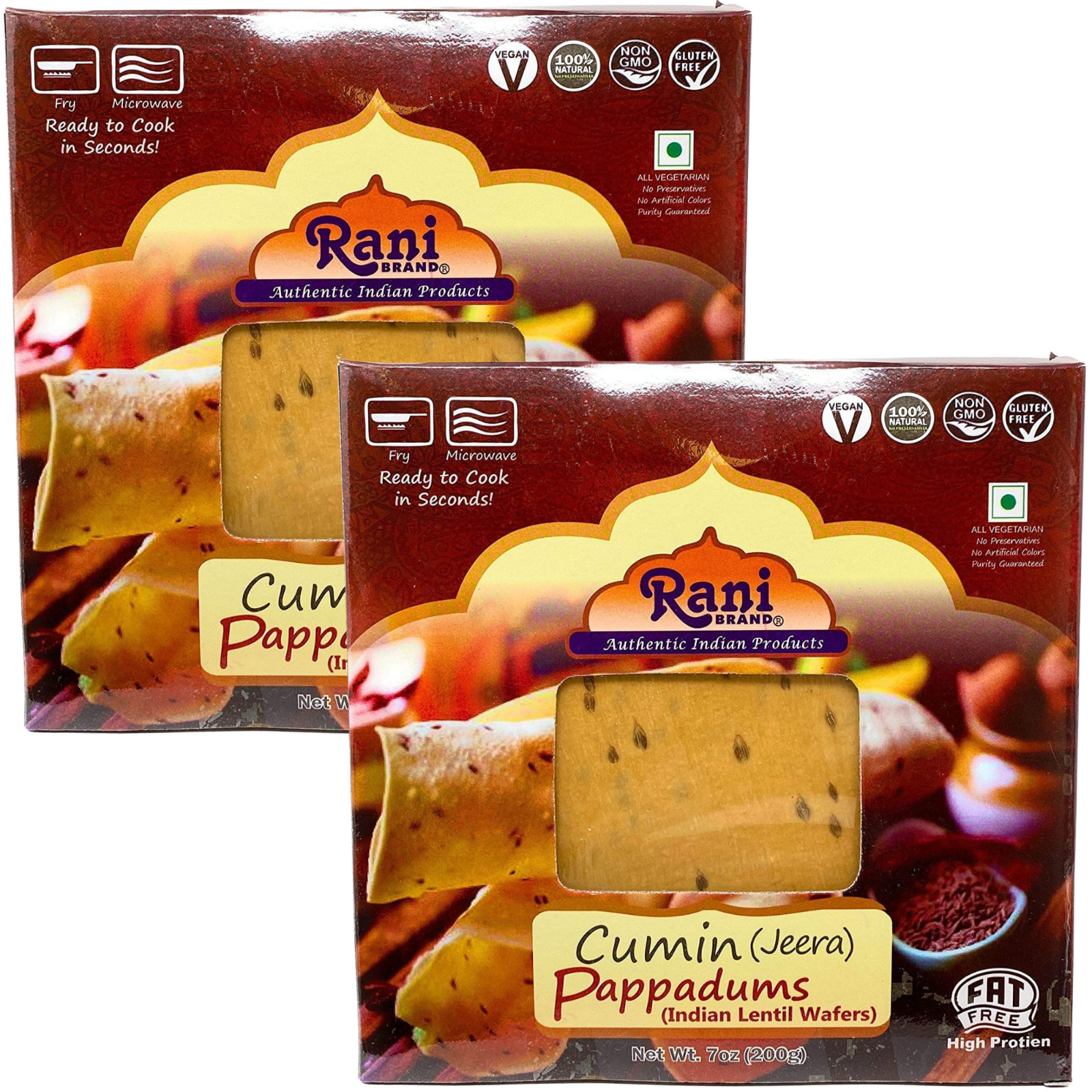 Rani Pappadums (Indian Lentil Wafer Snack) Jeera Papad 7oz (200g) Pack of 2