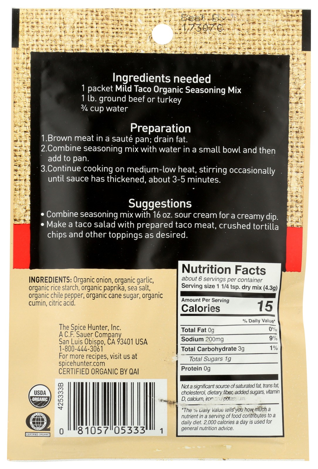 Organic Mild Taco Seasoning Mix By The Spice Hunter 0.9 Oz 9 12 Pack