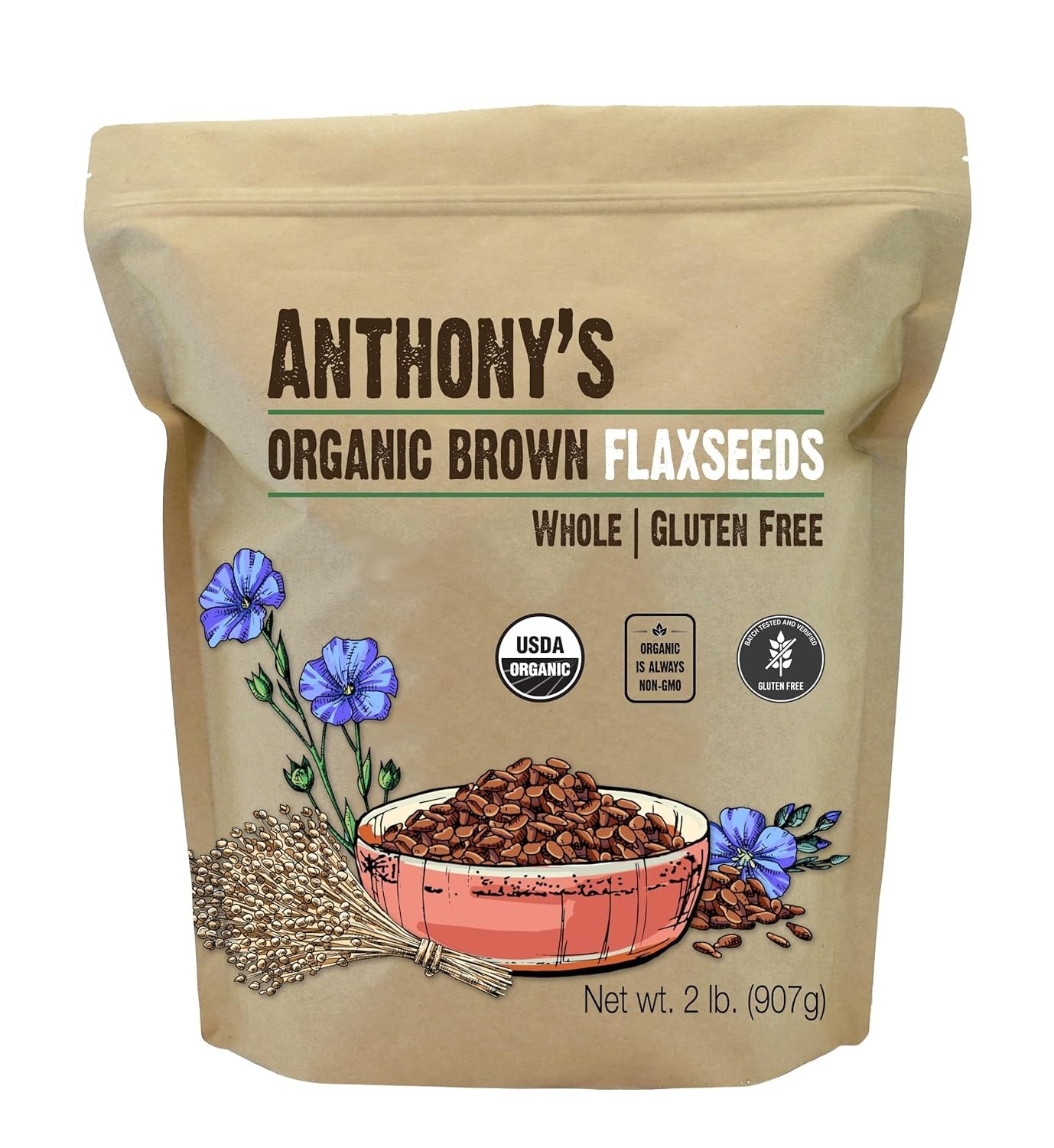 Organic Whole Flaxseed 2 lb Gluten Free Raw Non GMO Keto Friendly