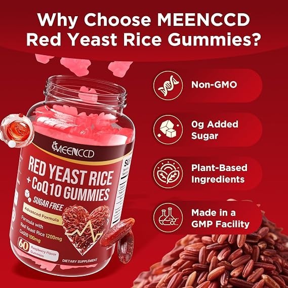 Red Yeast Rice with CoQ10 Gummies, Sugar Free, Vegan, Raspberry Flavor, 60 Count