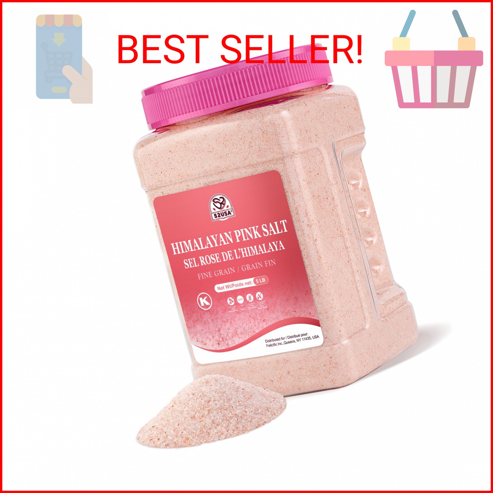 52USA Himalayan Pink Salt Fine, Fine Ground Table and Cooking Salt, 80oz (5 Poun