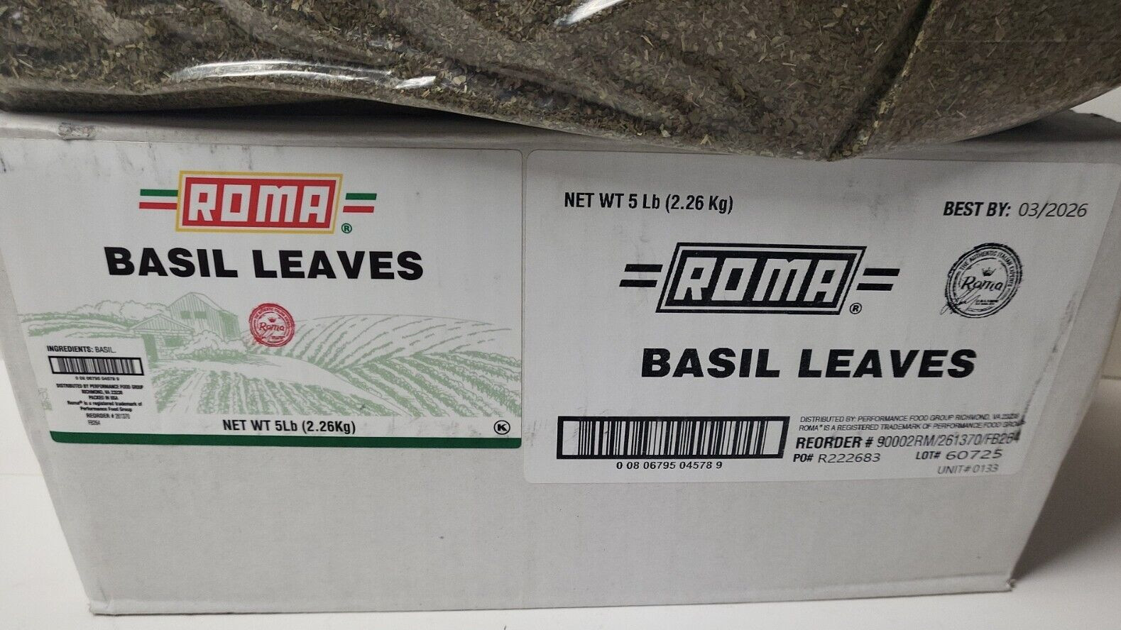 Roma Dried Basil Leaves New Sealed Bag *Box Damage* Best By 03/2026 5 Pounds!