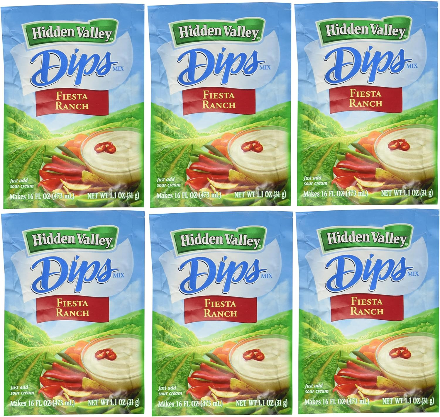 Hidden Valley Dips Mix, Fiesta Ranch 1.1 Oz Packets (Pack of 6)