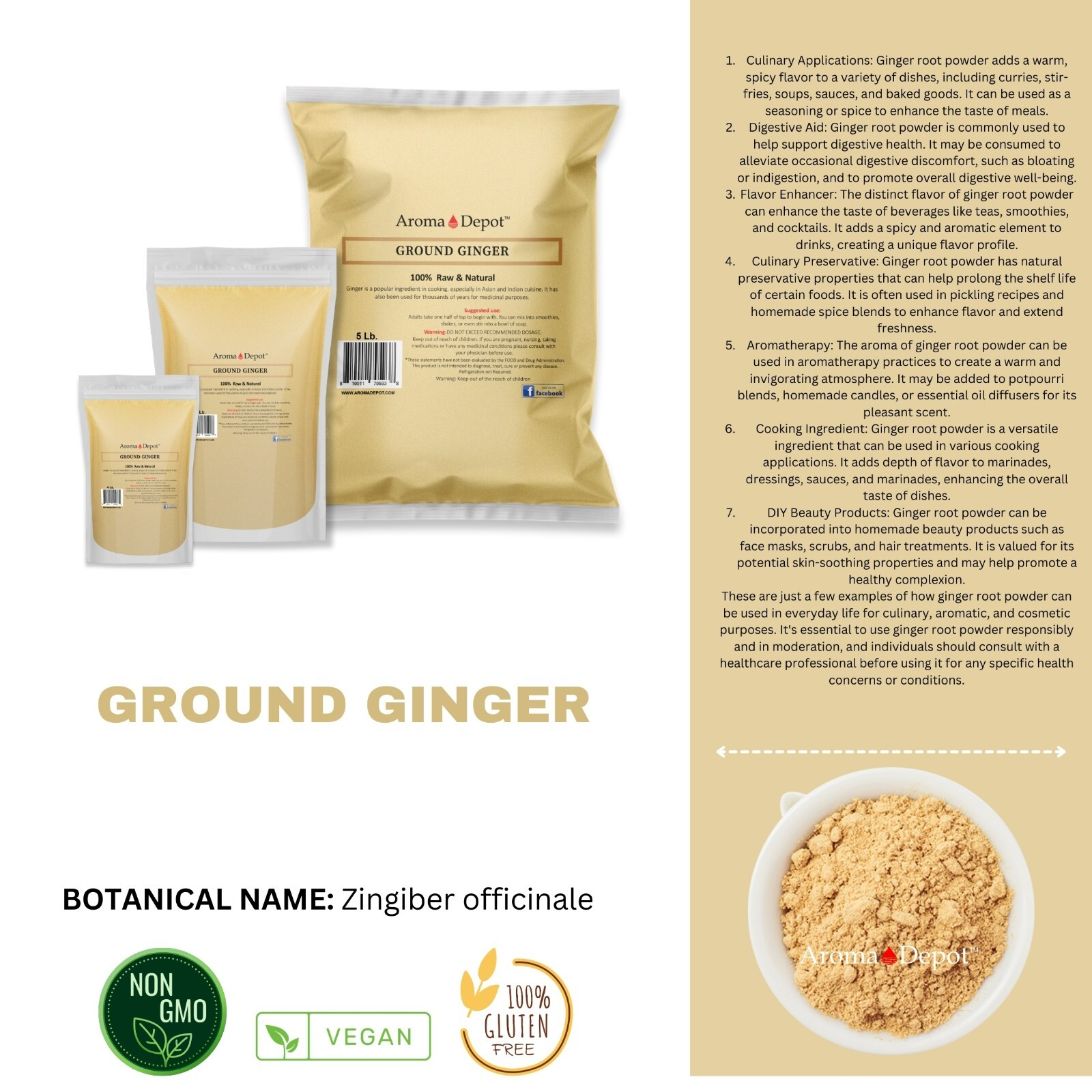 Ground Ginger Root Powder Up to 20 lbs Natural Raw Jengibre Non-GMO Kosher Bulk