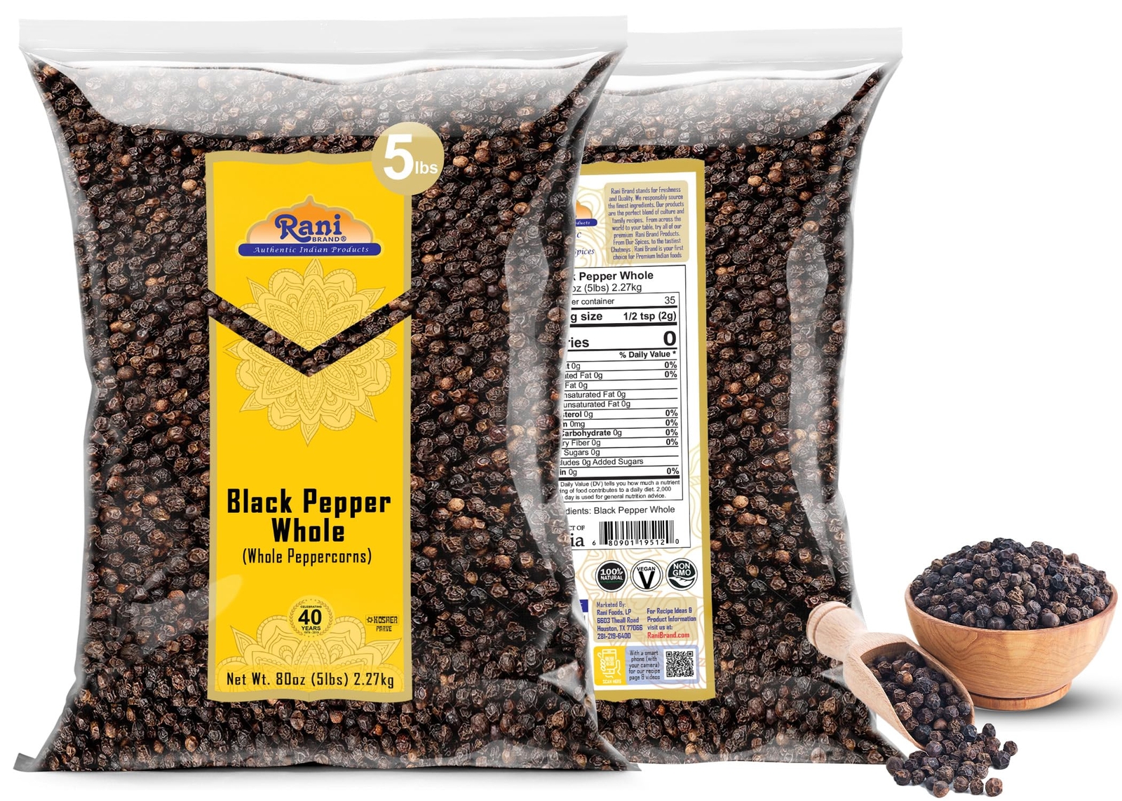 Rani Black Pepper Whole (Peppercorns) Premium Indian MG-1 Grade 80oz (5lbs)