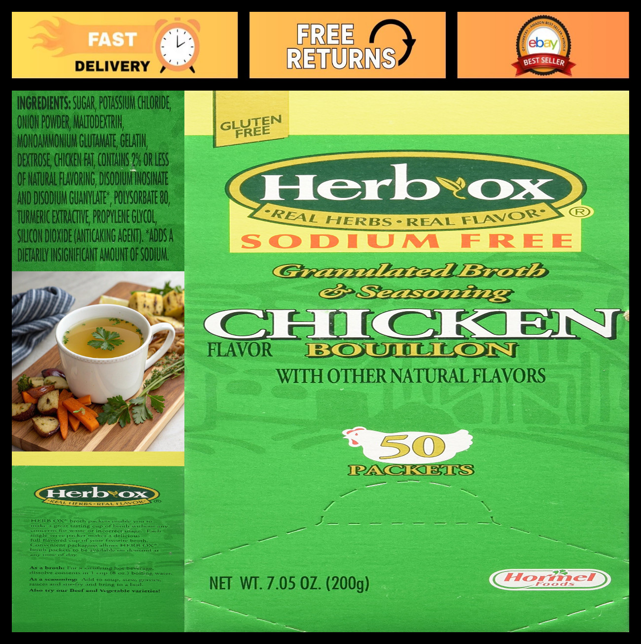 Sodium-Free Chicken Bouillon Granules – 50 Packets, Low Sodium, Flavorful Broth