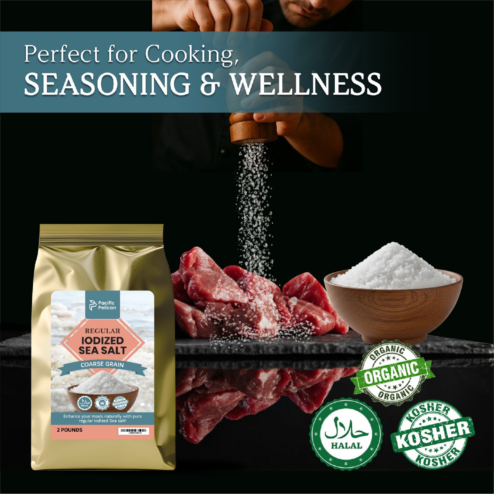 Pacific Pelican Iodized Sea Salt – 2 Pounds, Coarse Grain -Natural