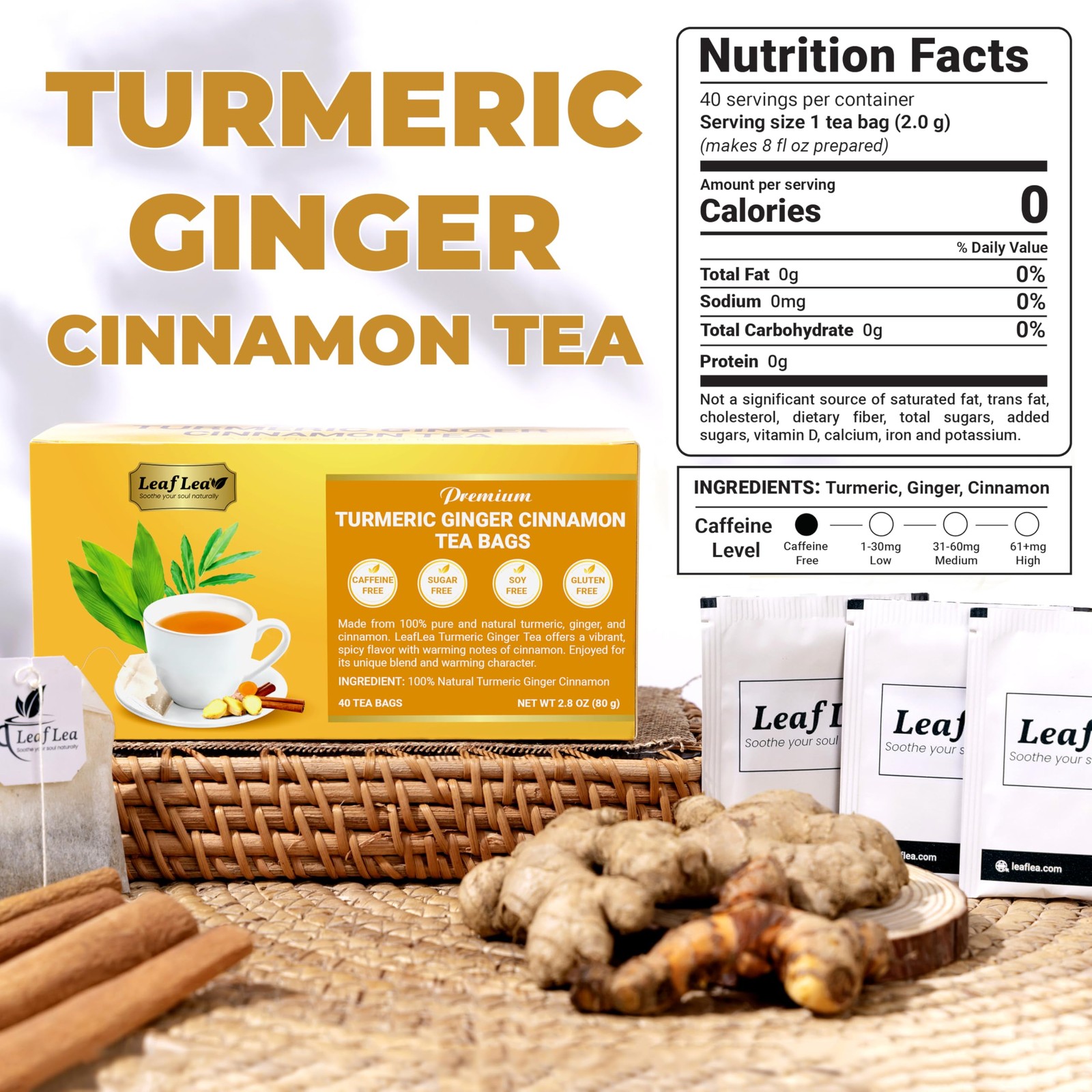LeafLea 40 Turmeric Ginger Cinnamon Tea Bags, 100% 40 Bags (Pack of 1)