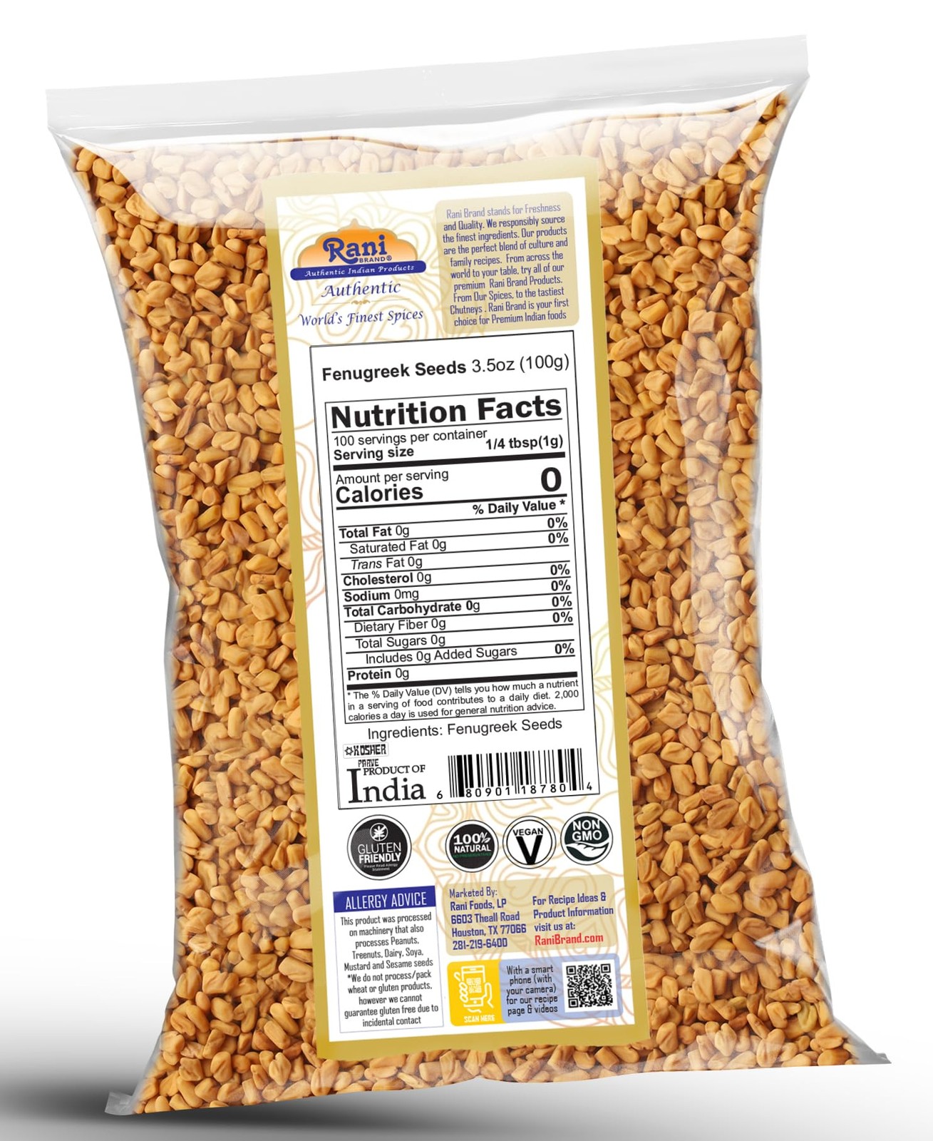 Rani Fenugreek (Methi) Seeds Whole 3.5oz (100g) 3.5 Ounce (Pack of 1)