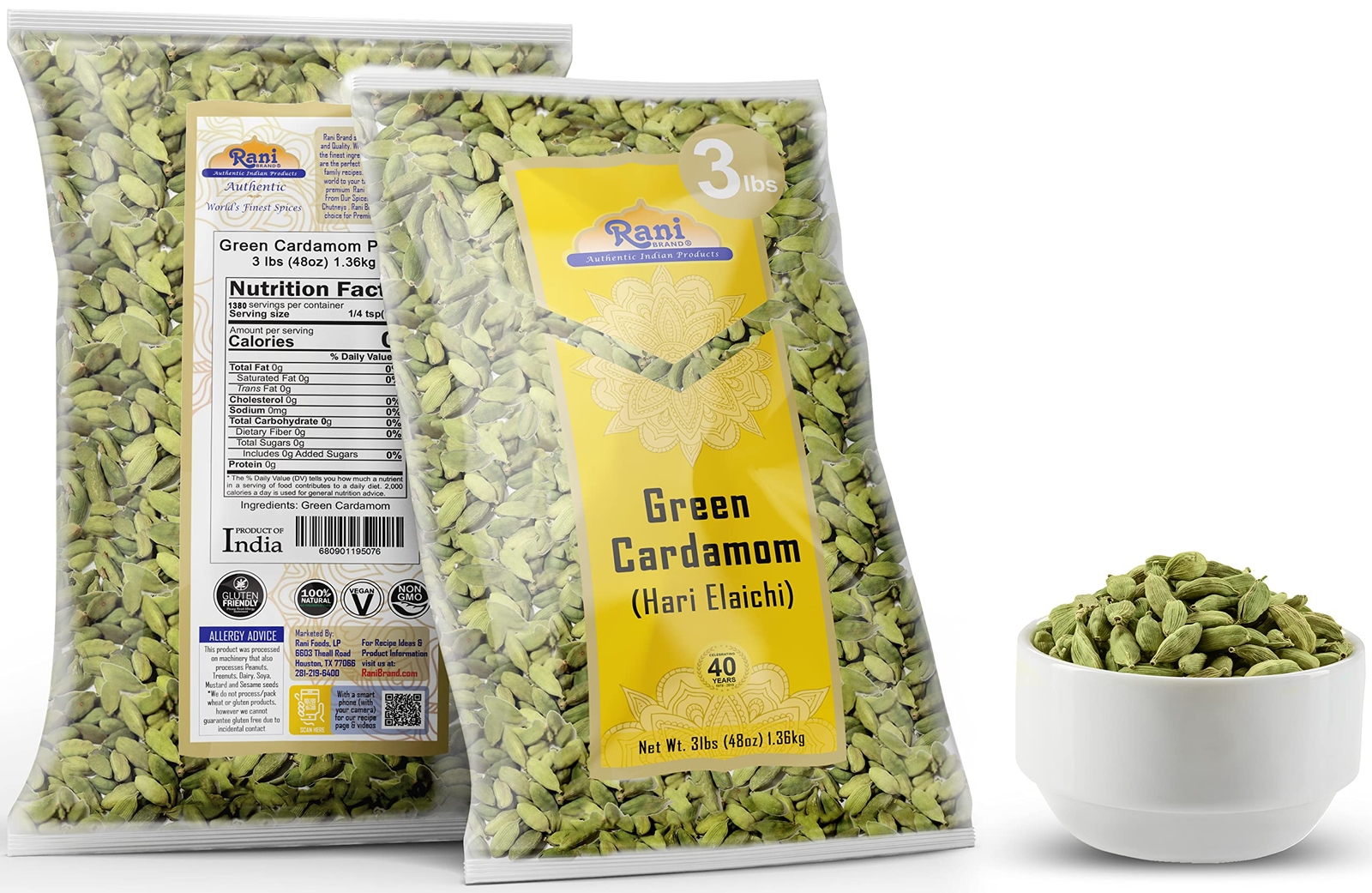Rani Green Cardamom Pods Spice (Hari Elachi) 48oz (3lbs) 1.36kg