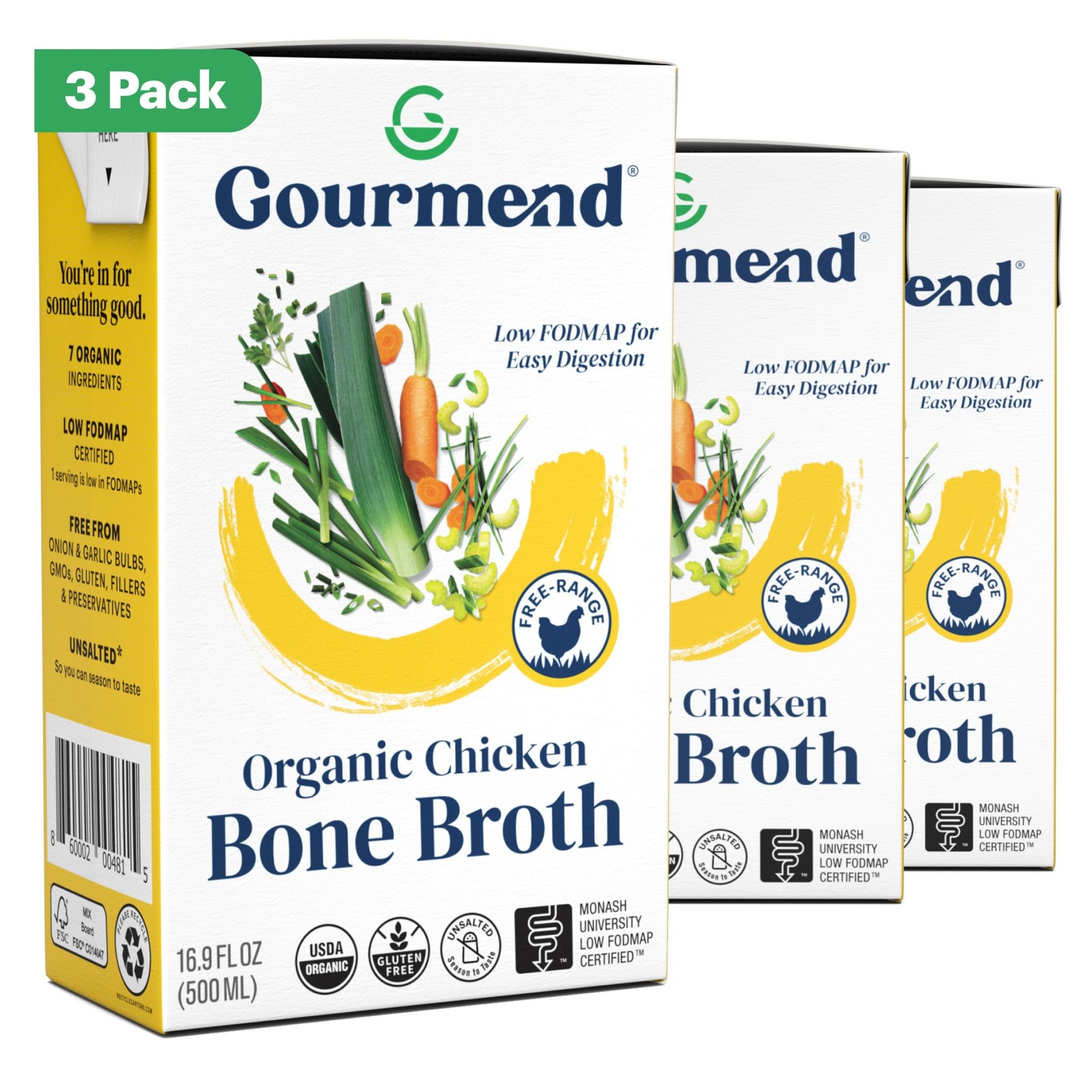 Organic Unsalted 16.9oz Chicken Bone Broth 3 Pack – 7 Ingredients, Low FODMAP…