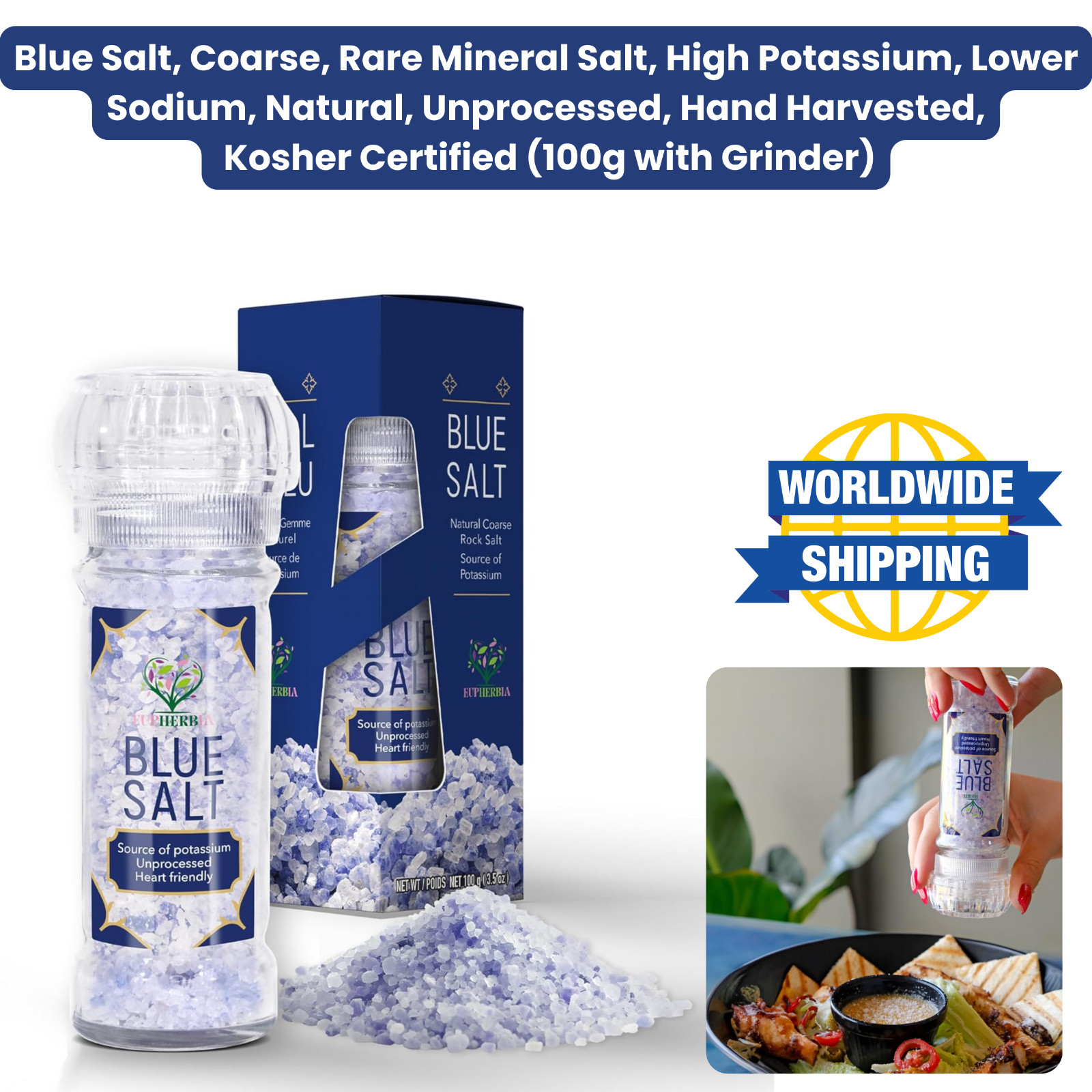 Rare Blue Mineral Salt Grinder 100g High Potassium Natural Unprocessed Kosher