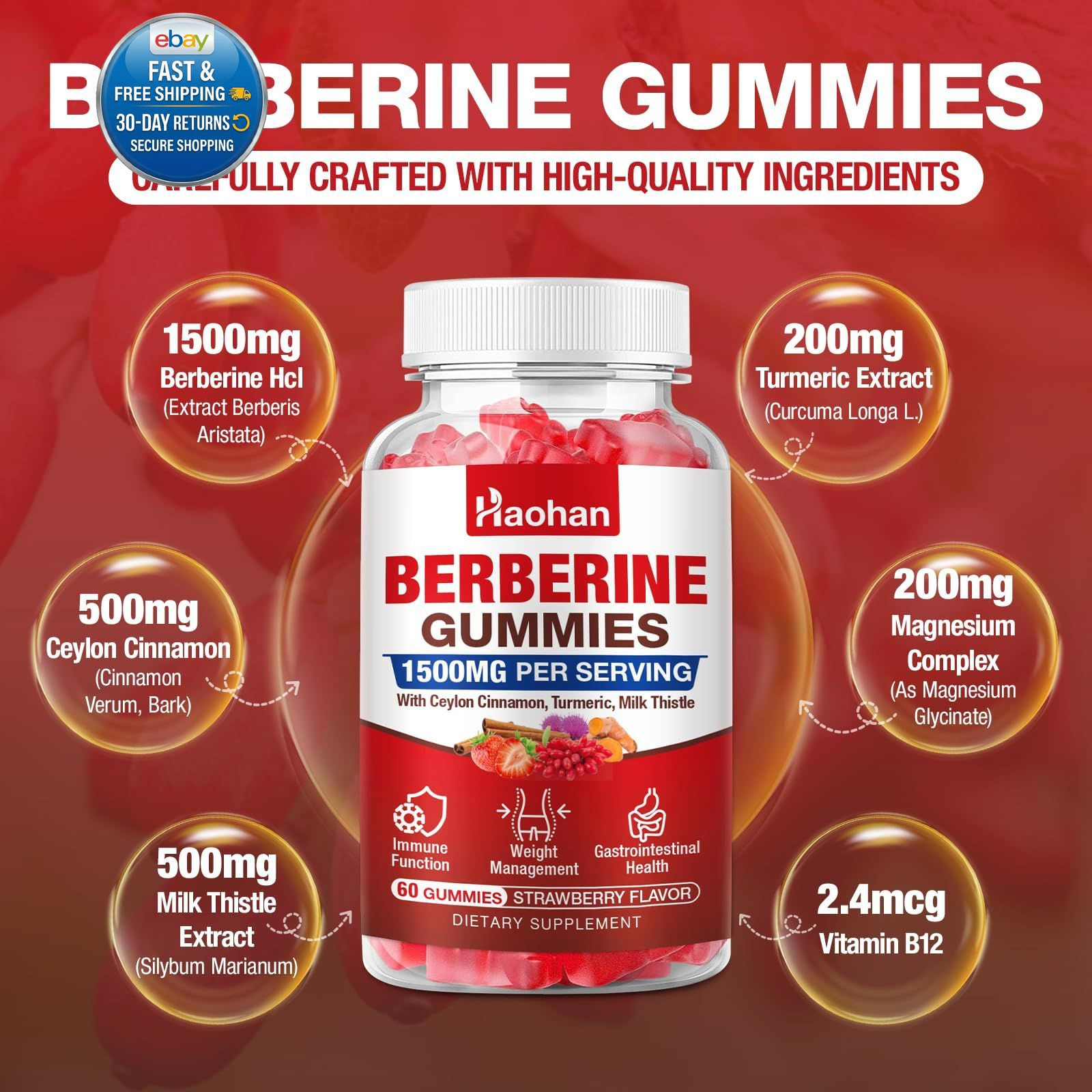 Berberine Gummies, 1500mg High Potency HCl, Ceylon…