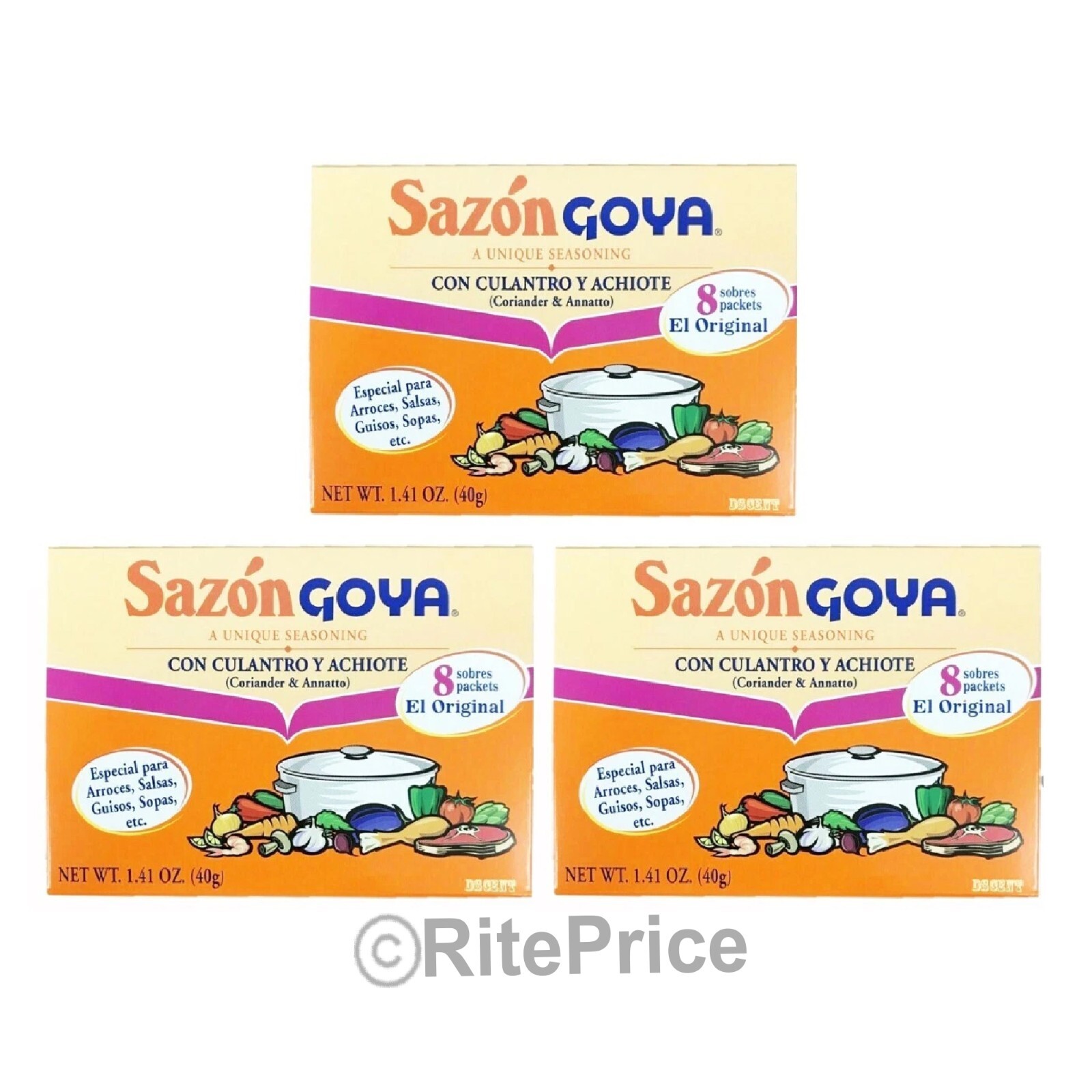 Goya Sazon Con Culantro Y Achiote Seasoning (3 Pack) Coriander & Annatto 1.41 0z