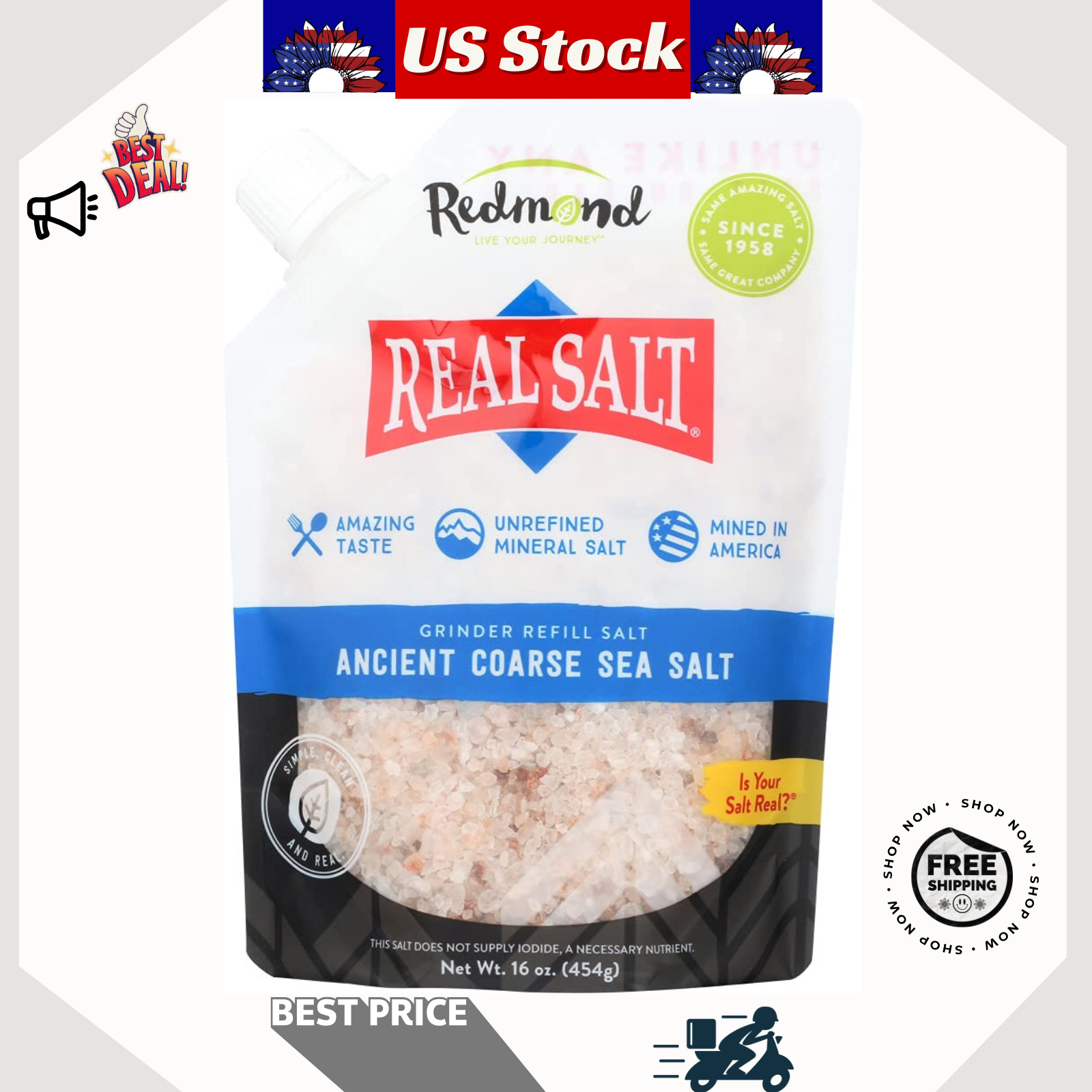 Redmond Real Sea Salt Natural Unrefined Coarse Gluten Free 16oz Pouch 1 Pack