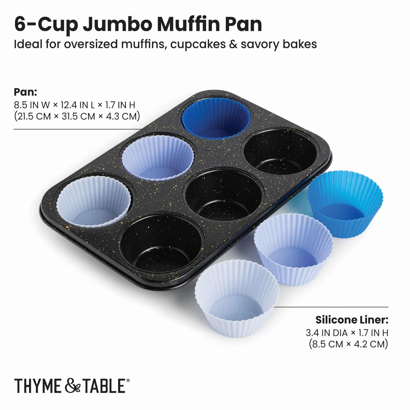 Thyme & Table 6 Cup Non-Stick Jumbo Muffin Pan, 6 Silicone Liners – Black