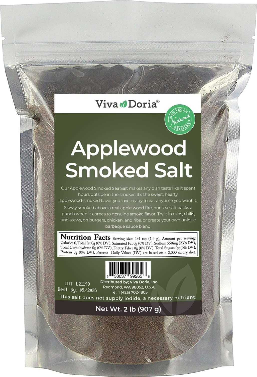 Viva Doria Applewood Smoked Sea Salt, Fine Grain, 2 lb