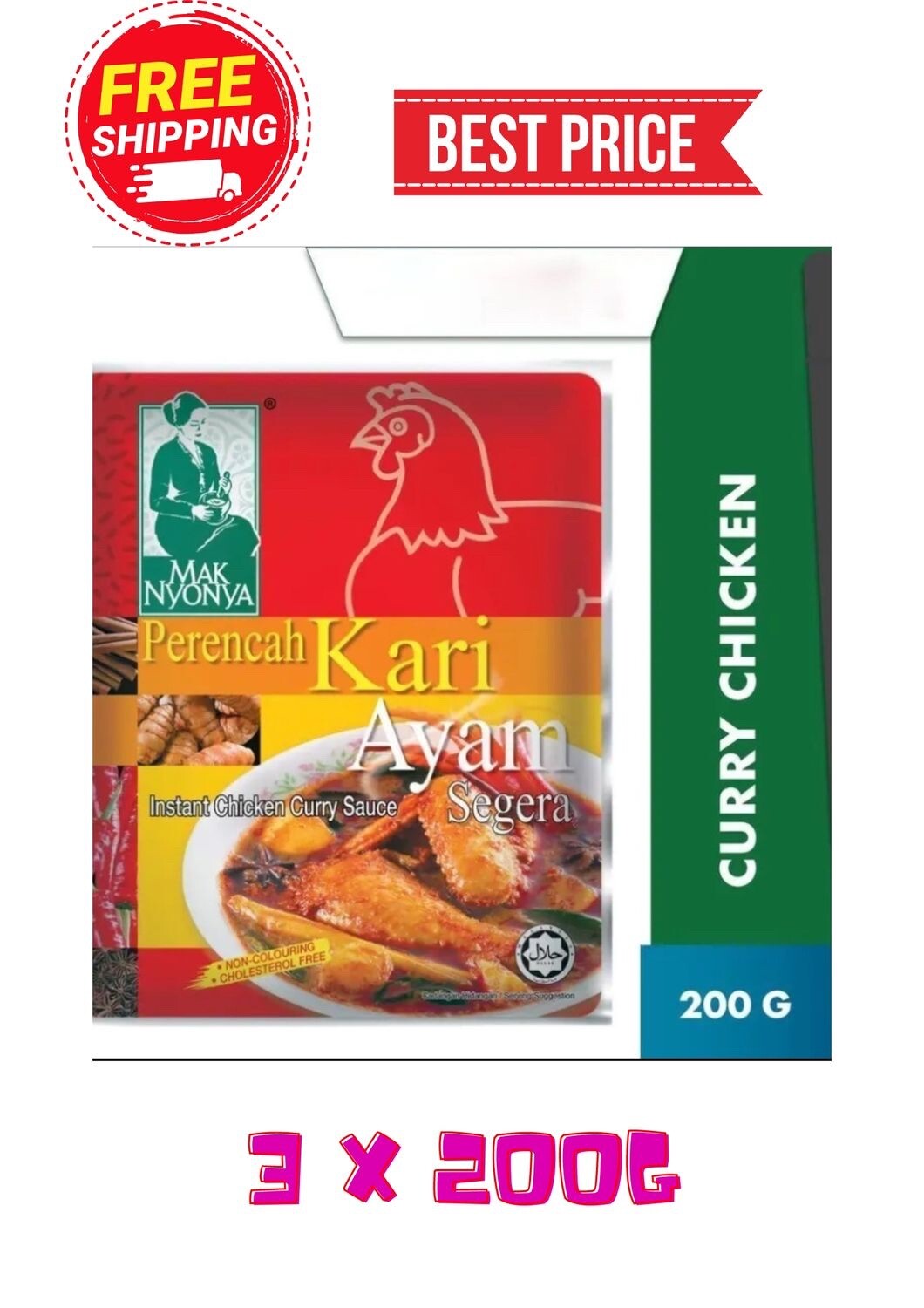 Mak Nyonya Instant Chicken Curry PASTE, Easy to Cook, 3x 200g