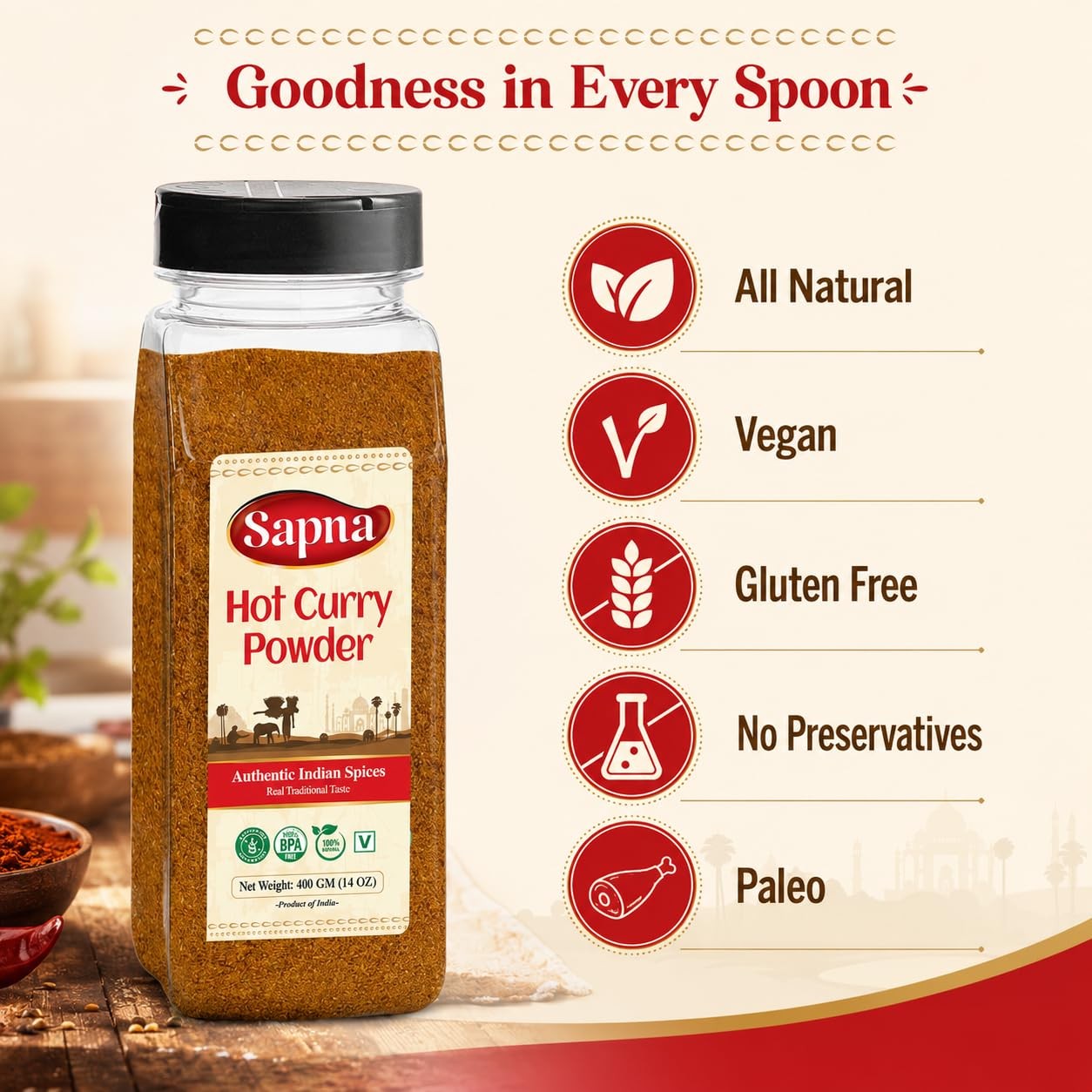 Sapna Hot Curry Powder All Natural Vegan Gluten Free Paleo No Preservative 14oz