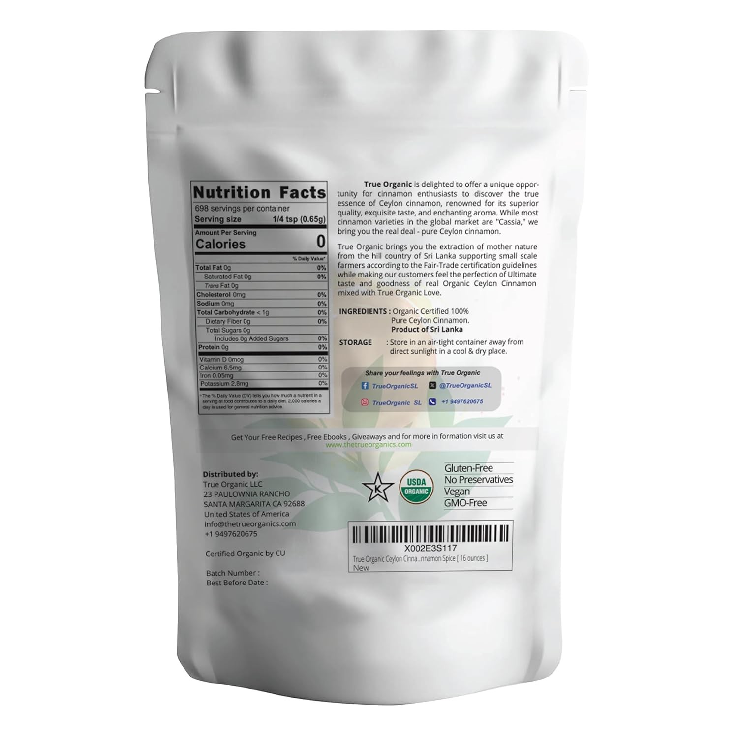 USDA Organic Ceylon Cinnamon Powder, 1 lb, Premium Grade, Gluten Free, Pure