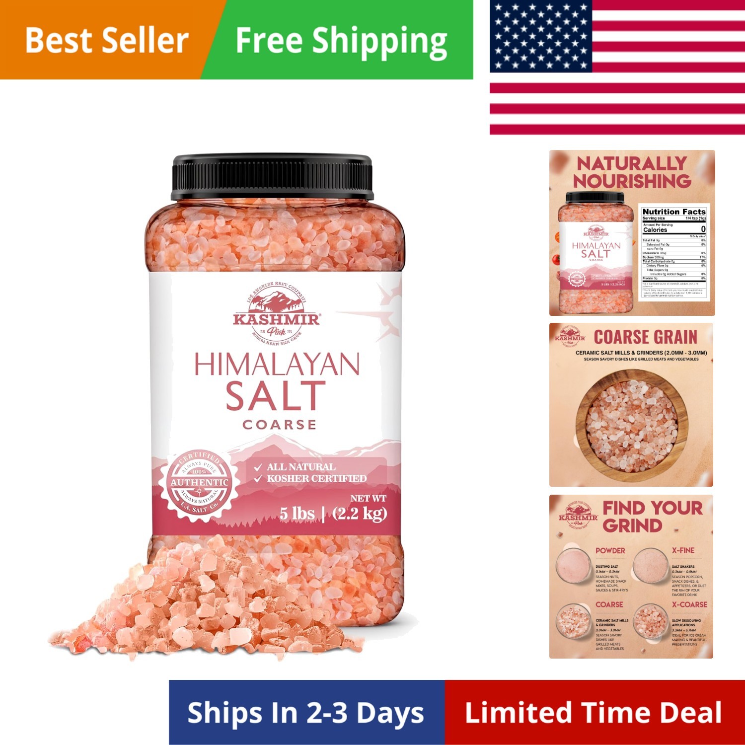 Kashmir 5 Lbs Pink Himalayan Salt Bulk Jar, Coarse | 100% Pure, Food Grade wi…