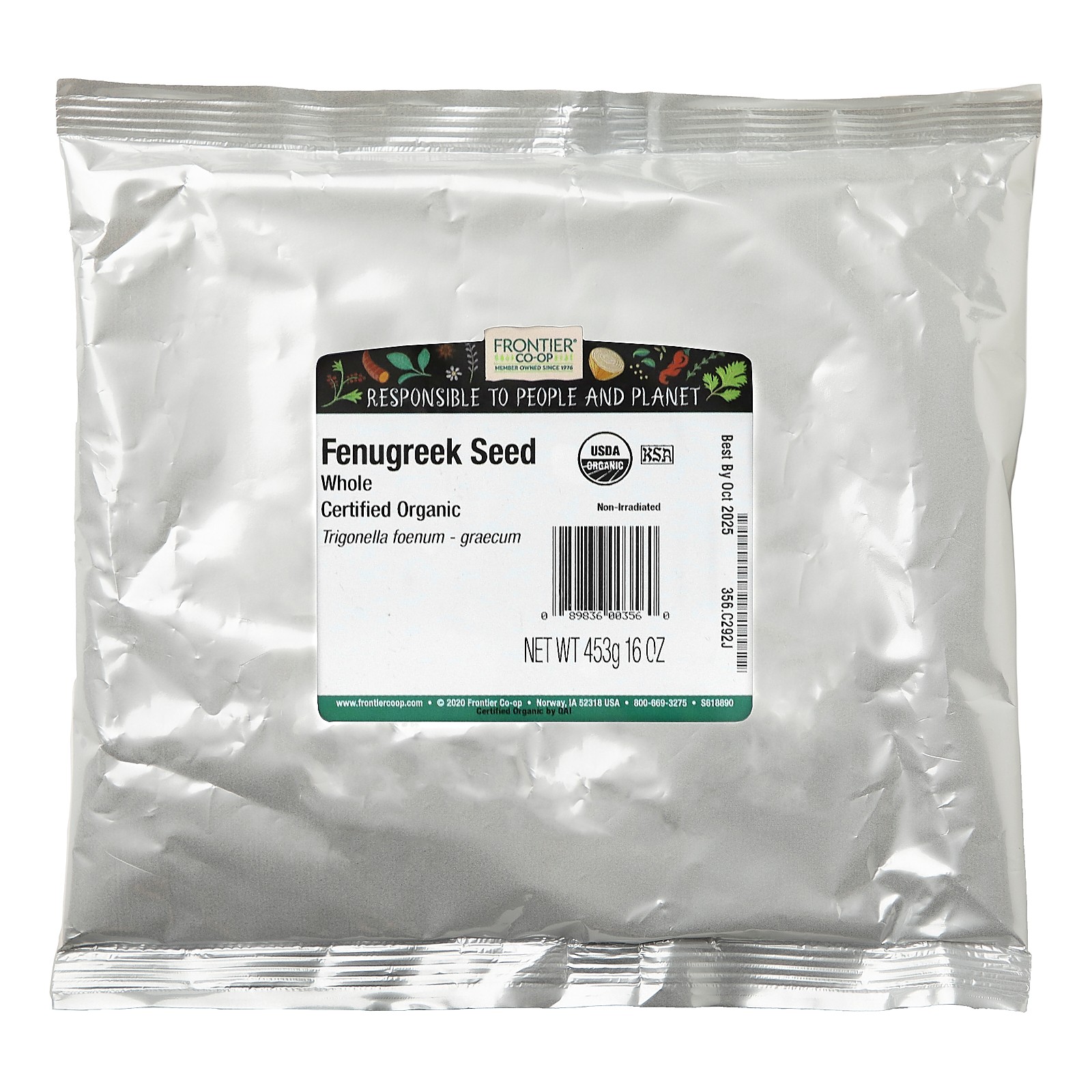Frontier Natural Products Organic Whole Fenugreek Seed 16 oz 453 g Kosher,