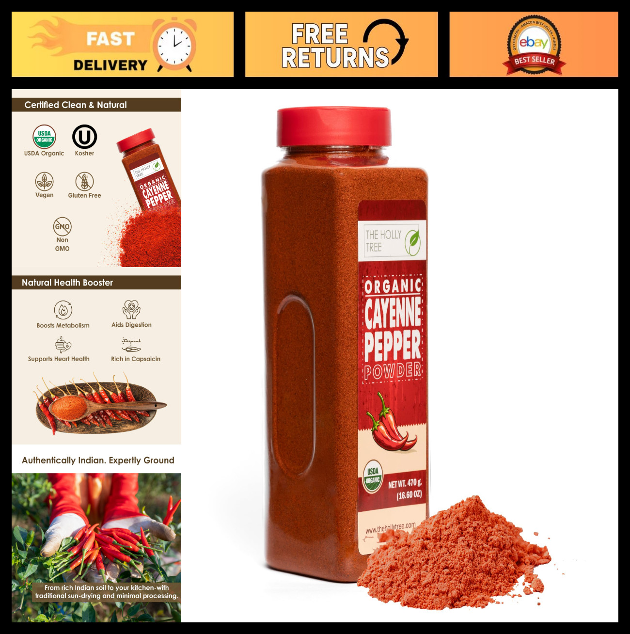 Organic Cayenne Pepper Powder 16.60 oz – Ground Red Chili Spice, Gluten Free, US