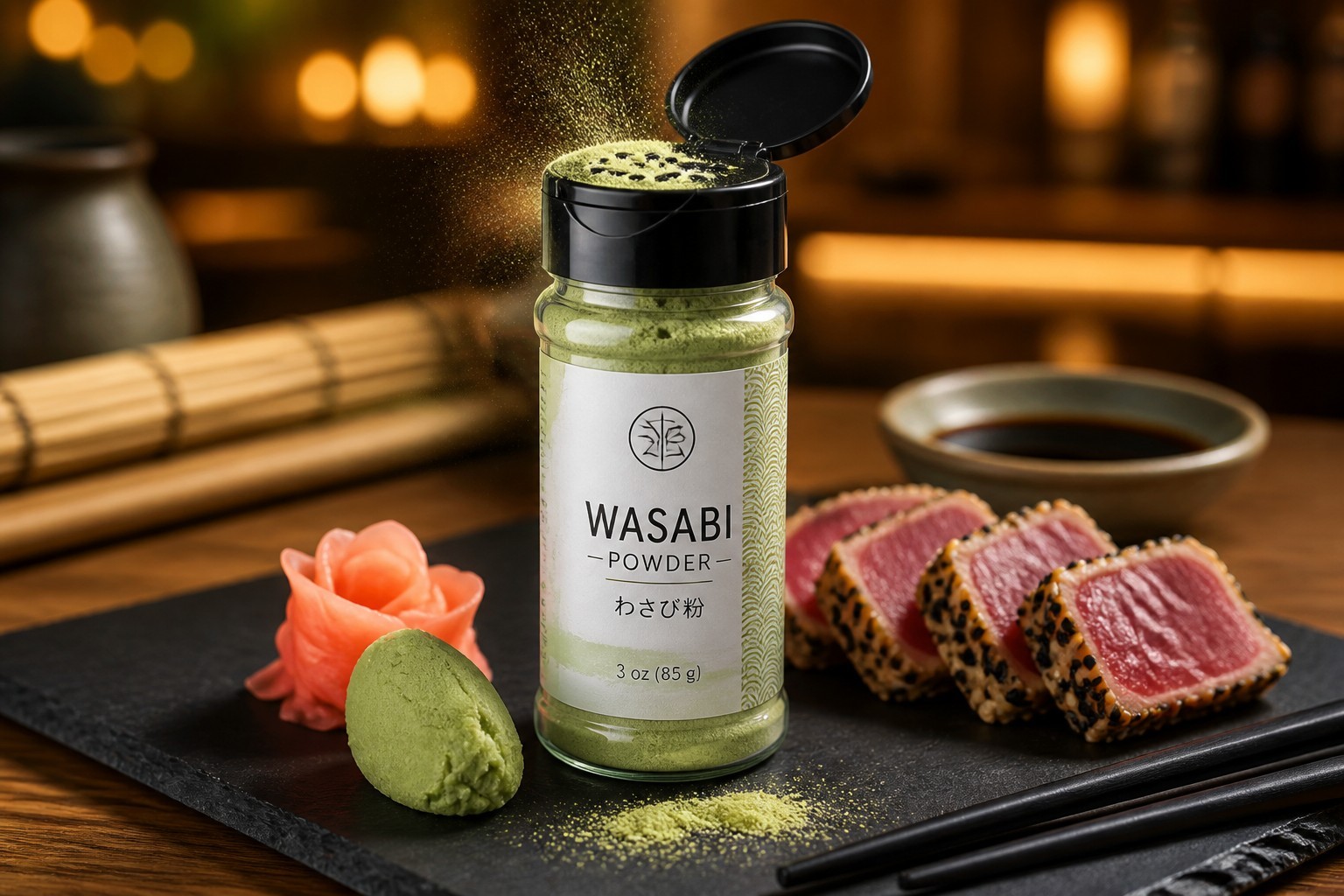 Wasabi/Soy Sauce Mixed Powder Mixed = Sharp hot flavor and aroma.