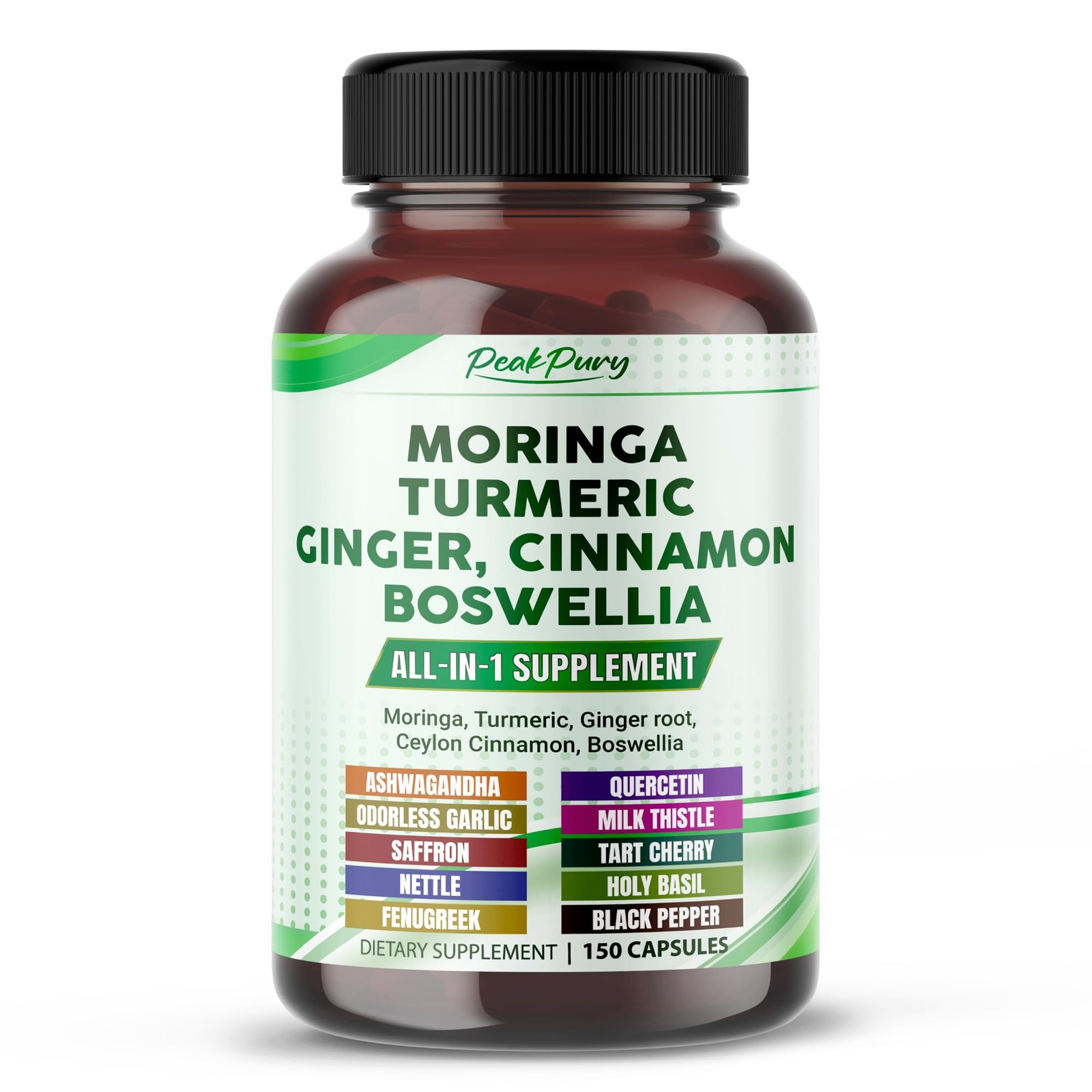 Moringa, Turmeric, Ginger Root, Ceylon Cinnamon, 150 Count (Pack of 1)