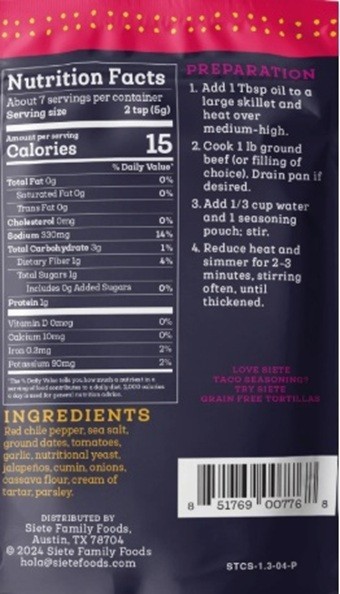 SIETE TACO Seasoning SPICY Mix 1.31 oz Packet GLUTEN FREE – 5 PACKETS