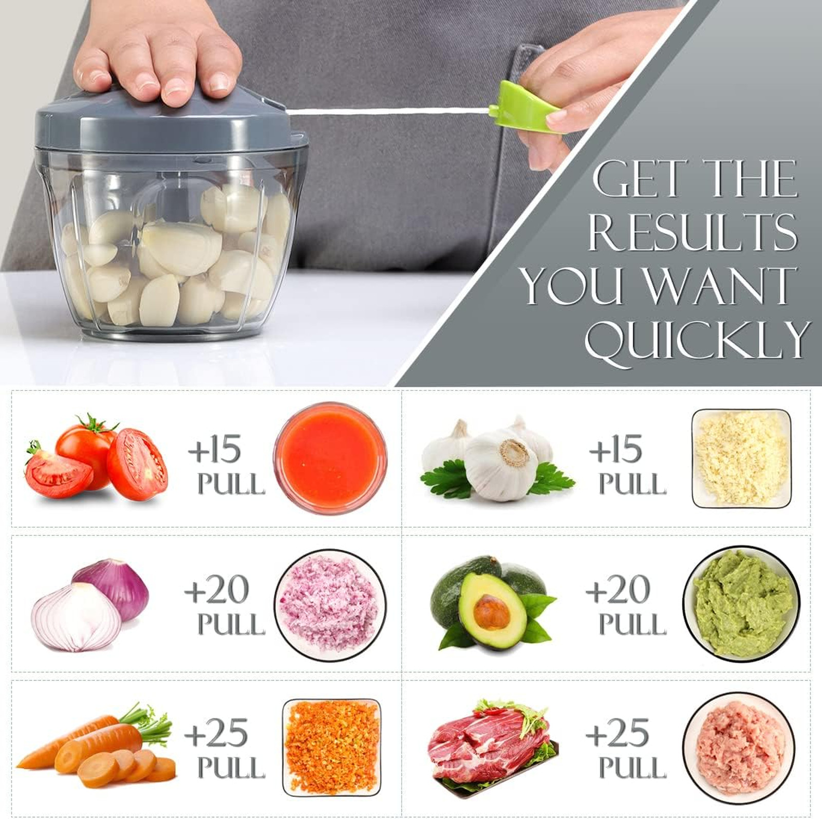 Manual Food Processor Vegetable Chopper 650ml Grey Garlic Onion Fruit Herbs