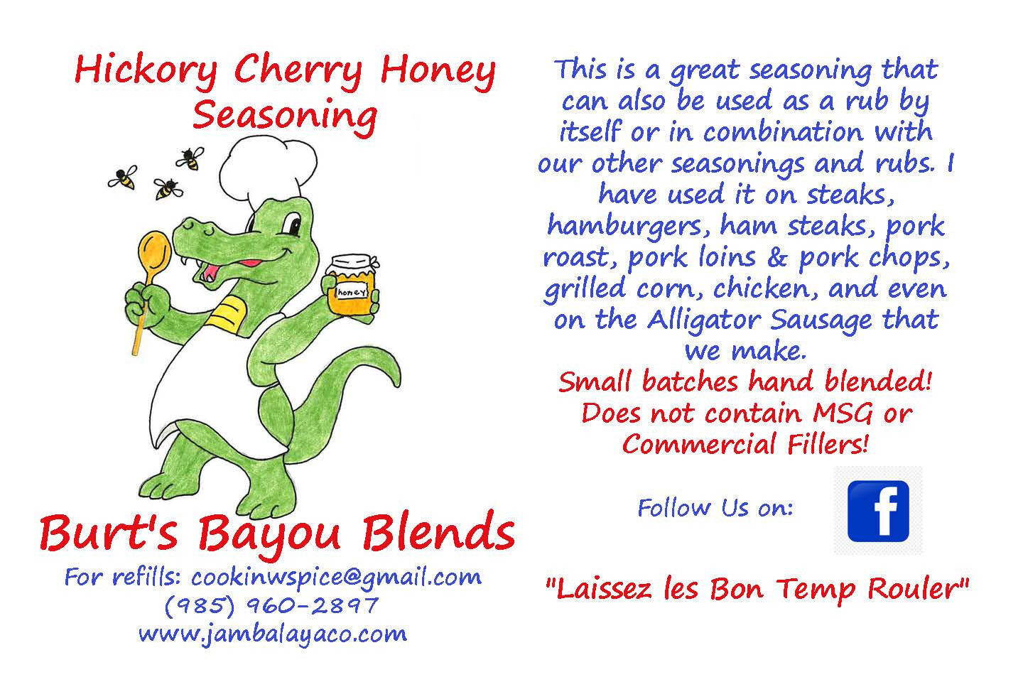 Hickory Cherry Honey Seasoning, Burt’s Bayou Blends Seasoning