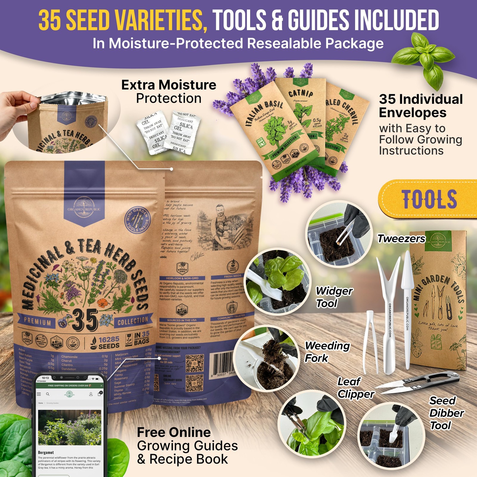 35 Medicinal & 35 & Tea Herb Seeds, White, Yellow, Purple, Green